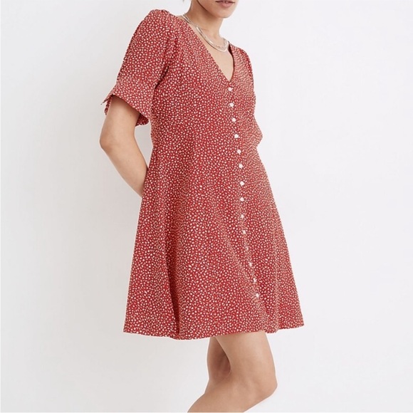 Madewell Dresses & Skirts - Madewell 100% Silk Floral Print Red Mini Dress Park Picnic size 8 retro boho
